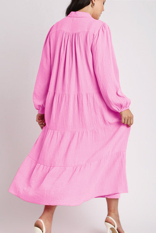 Bonbon Solid Collared V Neck Tiered Loose Fit Midi Dress Midi Dresses JT's Designer Fashion