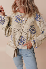 Beige Contrast Flower Print Eyelet Drop Shoulder Sweater Sweaters JT's Designer Fashion