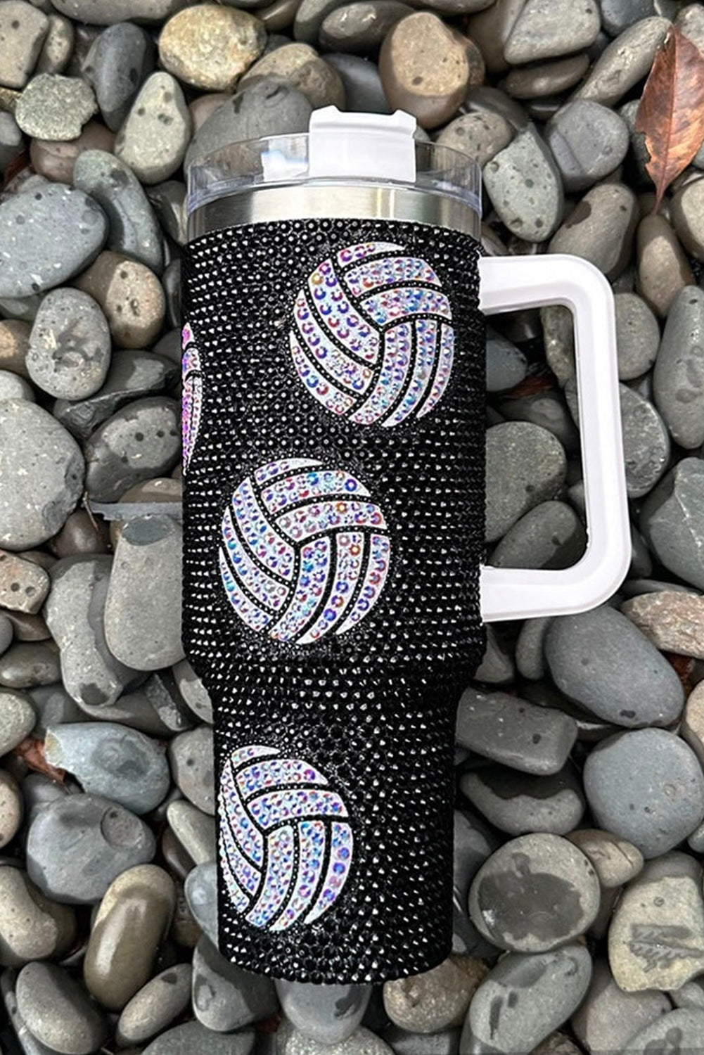 Black 40 Oz Rhinestone Volleyball Tumbler with Handle Tumblers JT's Designer Fashion
