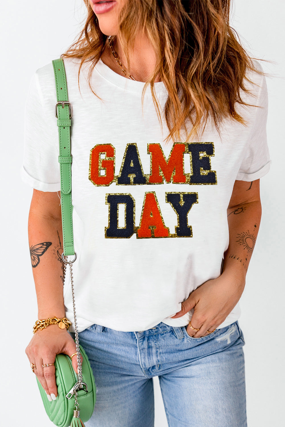 White Glitter GAME DAY Rugby Football Season Round Neck T Shirt Graphic Tees JT's Designer Fashion