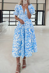 Sky Blue Floral V Neck Puff Short Sleeve Flowy Long Dress Sky Blue 100%Polyester Maxi Dresses JT's Designer Fashion