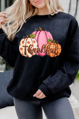 Black Pumpkin Thankful Drop Shoulder Thanksgiving Pullover Sweatshirt Graphic Sweatshirts JT's Designer Fashion
