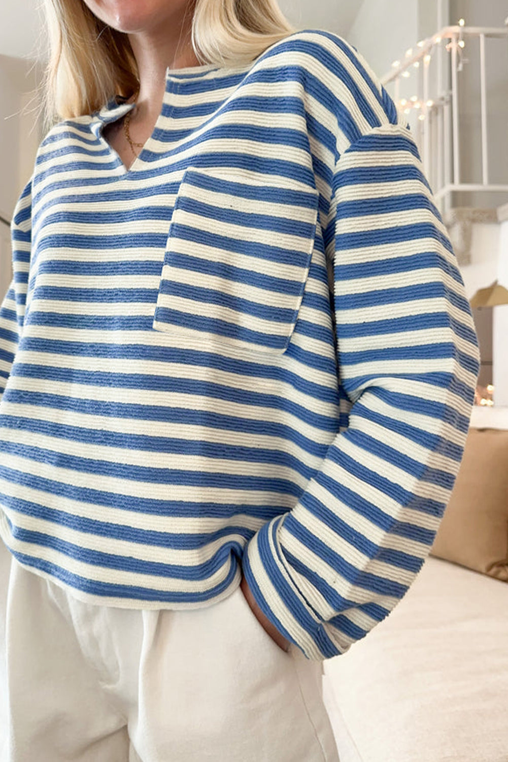Sky Blue Stripe Chest Pocket Buttoned Back Notched V Neck Top Long Sleeve Tops JT's Designer Fashion