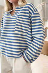 Sky Blue Stripe Chest Pocket Buttoned Back Notched V Neck Top Long Sleeve Tops JT's Designer Fashion