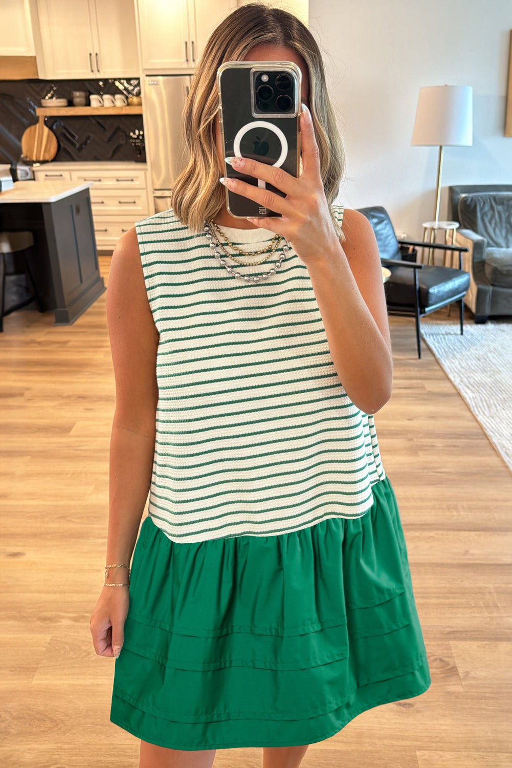 Green Stripe Woven Ruffled Sleeveless Mini Dress Mini Dresses JT's Designer Fashion