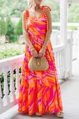 Red Abstract Print Knotted Shoulder High Waist Long Dress Maxi Dresses JT's Designer Fashion