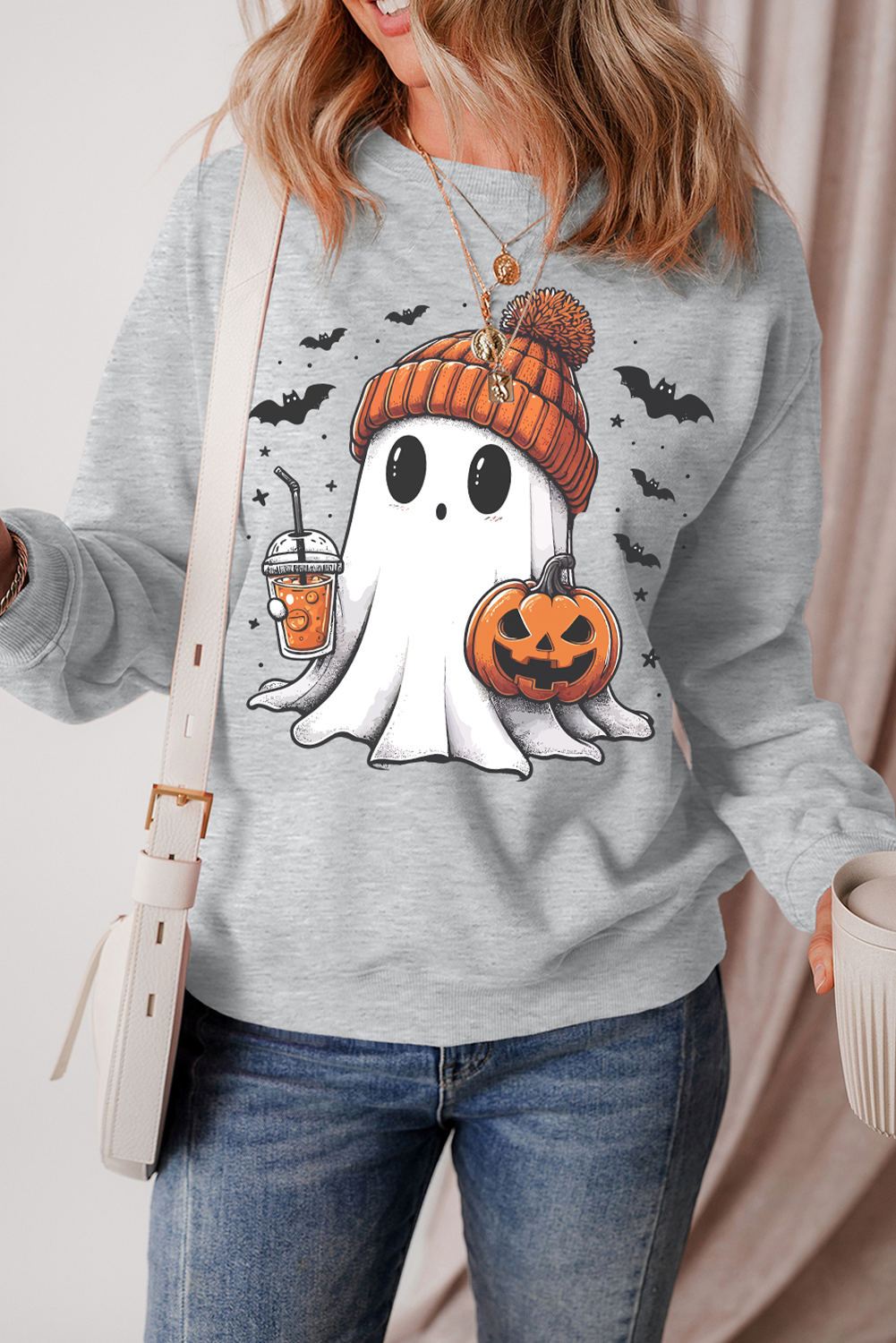Gray Halloween Ghost Print Crewneck Drop Shoulder Sweatshirt Graphic Sweatshirts JT's Designer Fashion