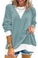 Light Blue Corded Colorblock Drop Shoulder Loose Top Long Sleeve Tops JT's Designer Fashion