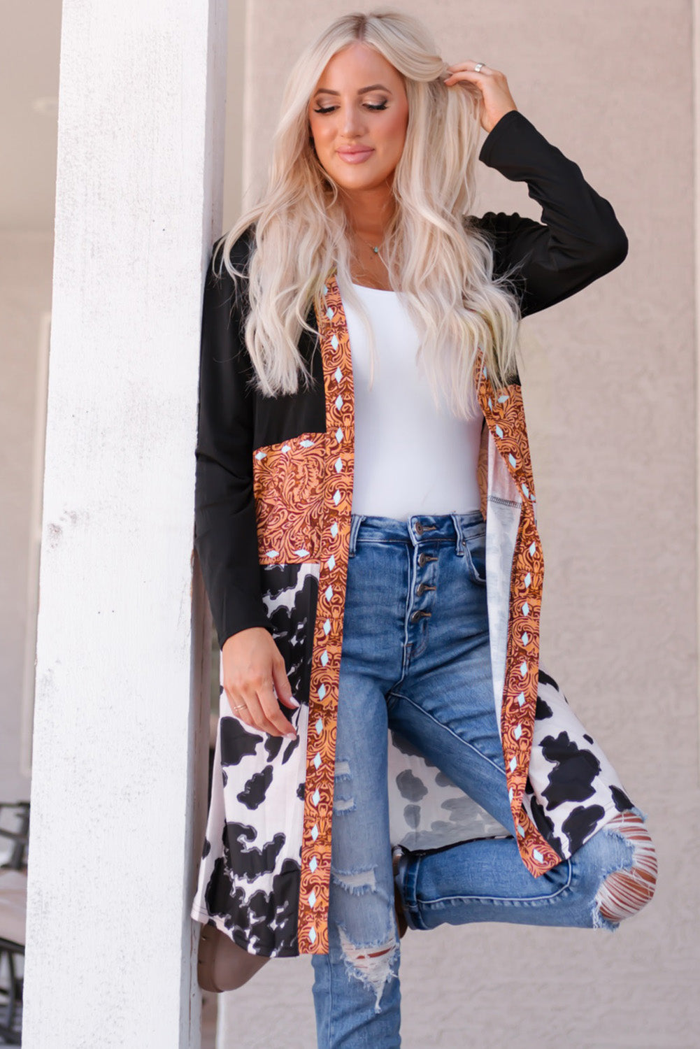 Black Western Pattern Cow Patchwork Open Front Cardigan Sweaters & Cardigans JT's Designer Fashion