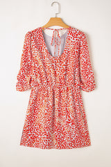 Tomato Red Leopard Print Long Sleeve Hollowed Back Split Mini Dress Mini Dresses JT's Designer Fashion