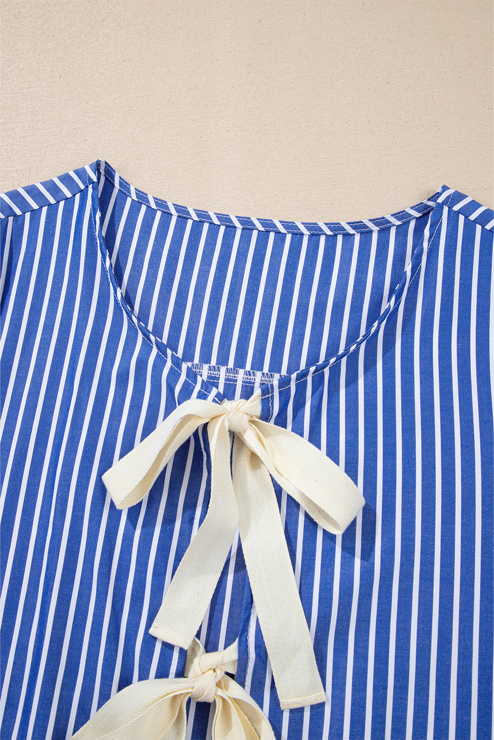 Blue Stripe Tied Front Puff Short Sleeve Blouse Blouses & Shirts JT's Designer Fashion
