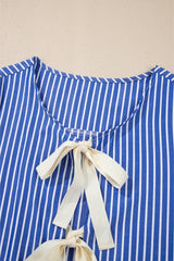 Blue Stripe Tied Front Puff Short Sleeve Blouse Blouses & Shirts JT's Designer Fashion