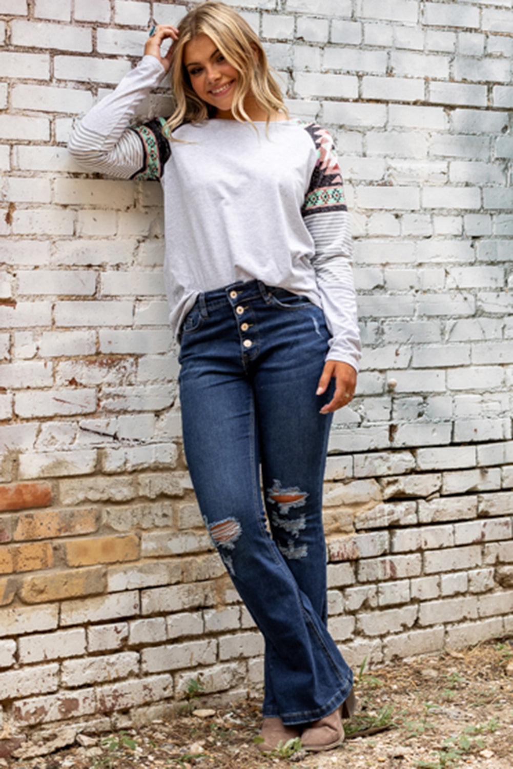Dark Washed Distressed Flare Bottom Jeans Jeans JT's Designer Fashion
