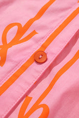 Pink Bowknot Striped Printed Bubble Sleeve Buttoned Belted Mini Dress Mini Dresses JT's Designer Fashion
