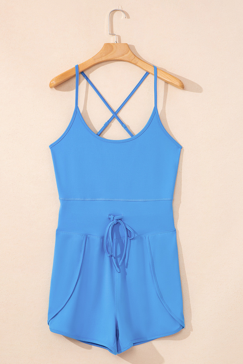 Blue Crossed Spaghetti Straps Drawstring Waist Sporty Romper Bottoms JT's Designer Fashion