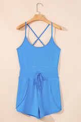 Blue Crossed Spaghetti Straps Drawstring Waist Sporty Romper Bottoms JT's Designer Fashion