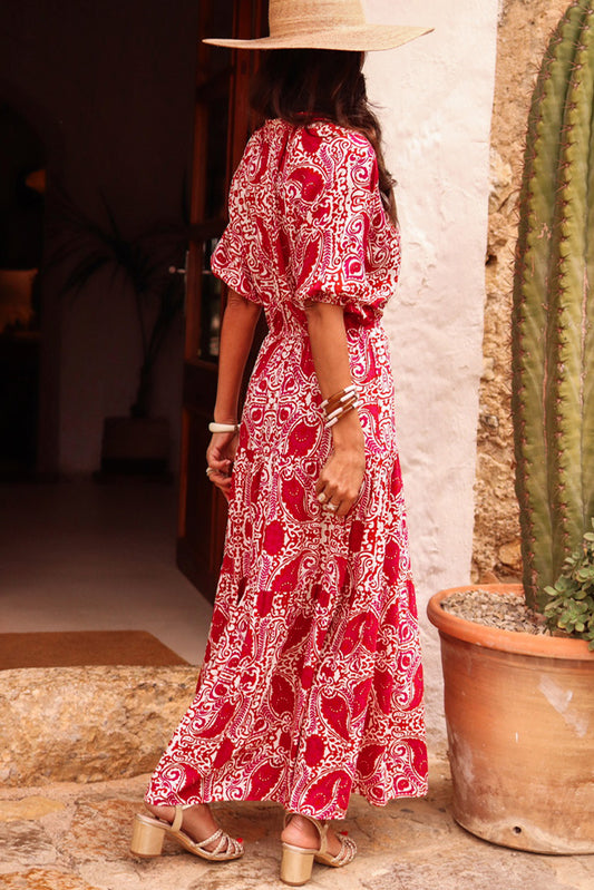 Red Paisley Print Side Slit Puff Sleeve High Waist Long Dress Maxi Dresses JT's Designer Fashion
