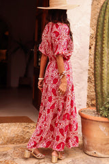 Red Paisley Print Side Slit Puff Sleeve High Waist Long Dress Maxi Dresses JT's Designer Fashion