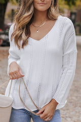 White Hollowed Detail Knitted Loose V Neck Sweater Sweaters & Cardigans JT's Designer Fashion