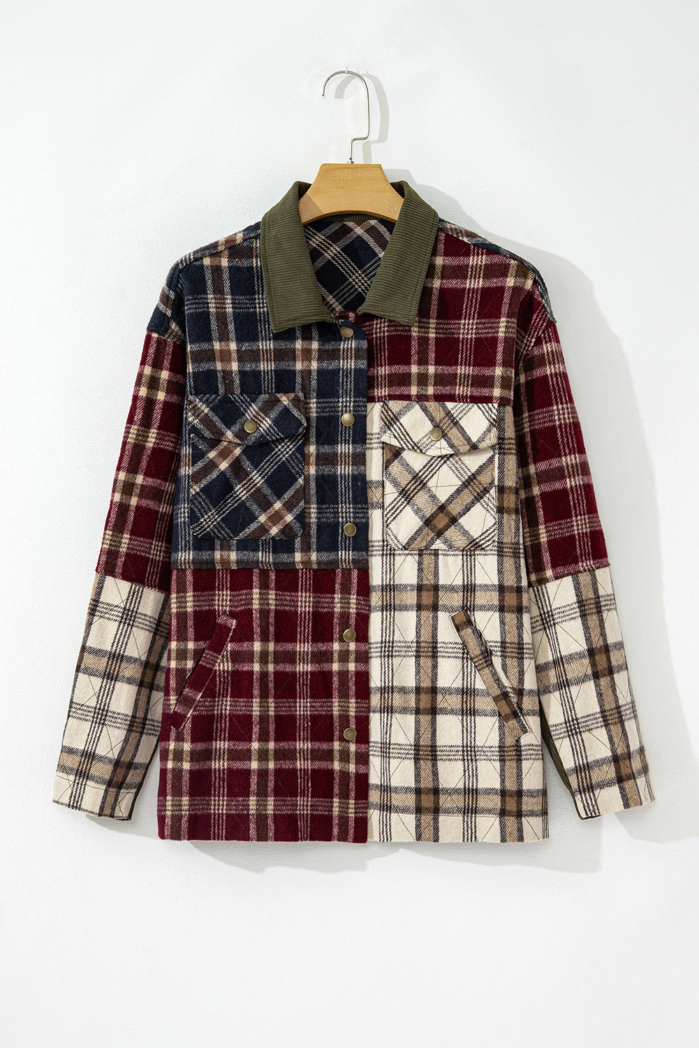 Red Mixed Plaid Patchwork Retro Shacket Plaid Shackets JT's Designer Fashion