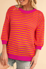 Rose Stripe 3/4 Puff Sleeve Drop Shoulder Sweater Rose Stripe 100%Acrylic Sweaters JT's Designer Fashion