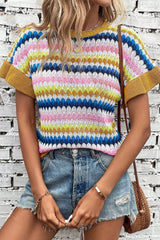 Khaki Trimmed Ruffle Sleeve Colorful Textured Sweater Sweaters & Cardigans JT's Designer Fashion