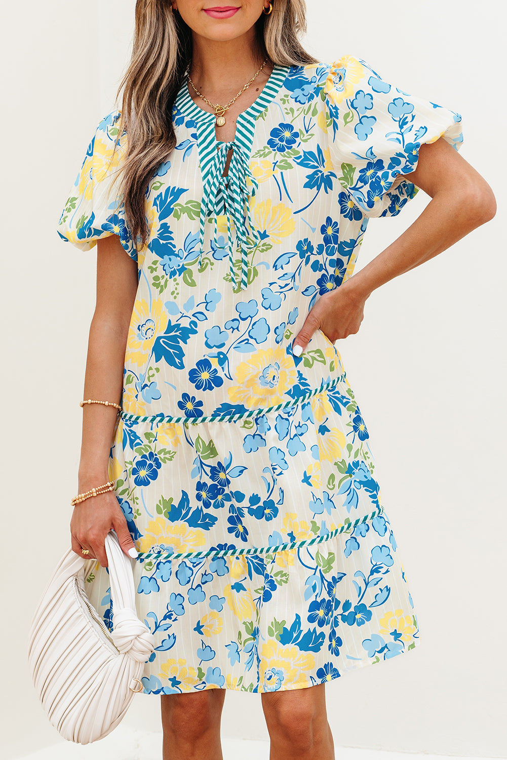 Blue Floral Striped Trim Puff Short Sleeve Dress Floral Dresses JT's Designer Fashion