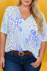 Sky Blue Leopard Print Short Sleeve V Neck Plus Size Top Plus Size Blouses & Shirts JT's Designer Fashion