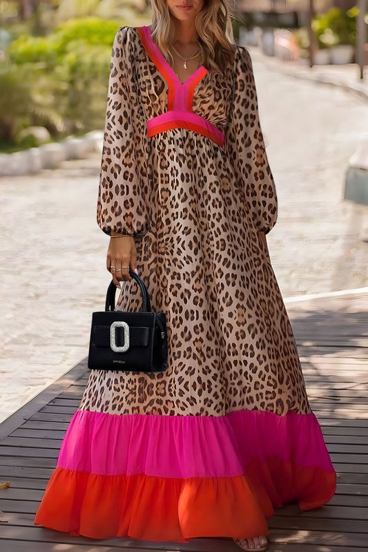 Brown Leopard Color Block V Neck Loose Fit Long Dress Brown 100%Polyester Maxi Dresses JT's Designer Fashion