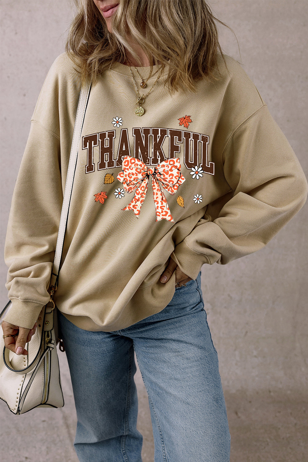 Parchment THANKFUL Leopard Bow Fall Vibe Graphic Sweatshirt Graphic Sweatshirts JT's Designer Fashion