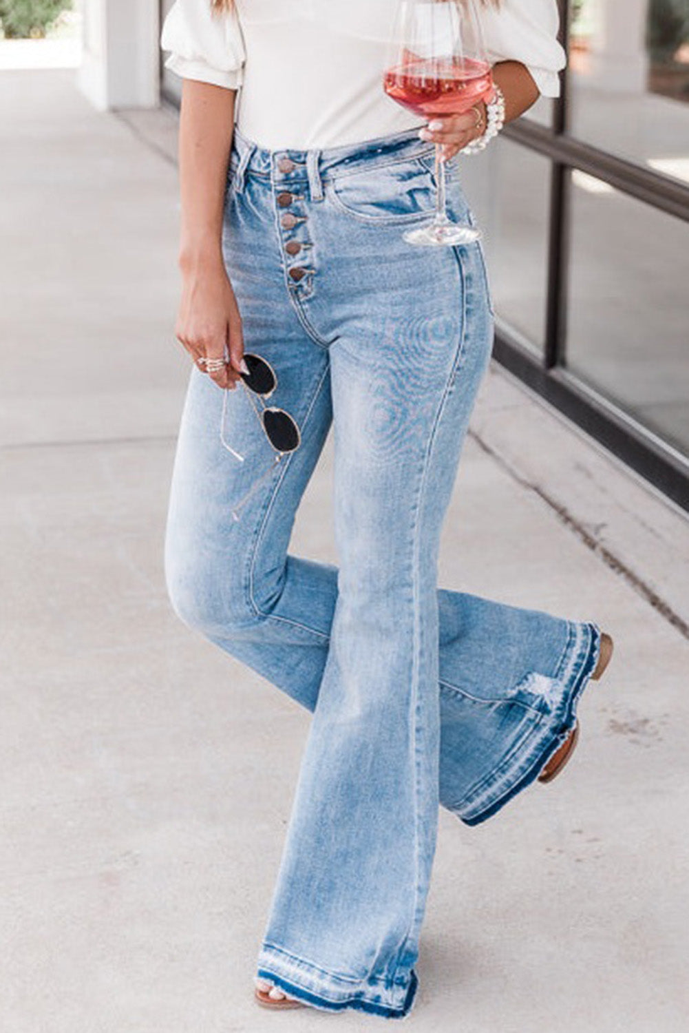 Sky Blue High Waist Buttoned Distressed Flared Jeans Jeans JT's Designer Fashion