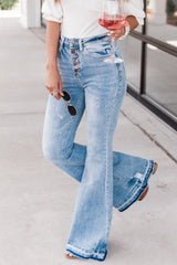 Sky Blue High Waist Buttoned Distressed Flared Jeans Jeans JT's Designer Fashion
