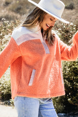 Orange Colorblock Half Zipper Stand Neck Sherpa Sweatshirt Sweatshirts & Hoodies JT's Designer Fashion