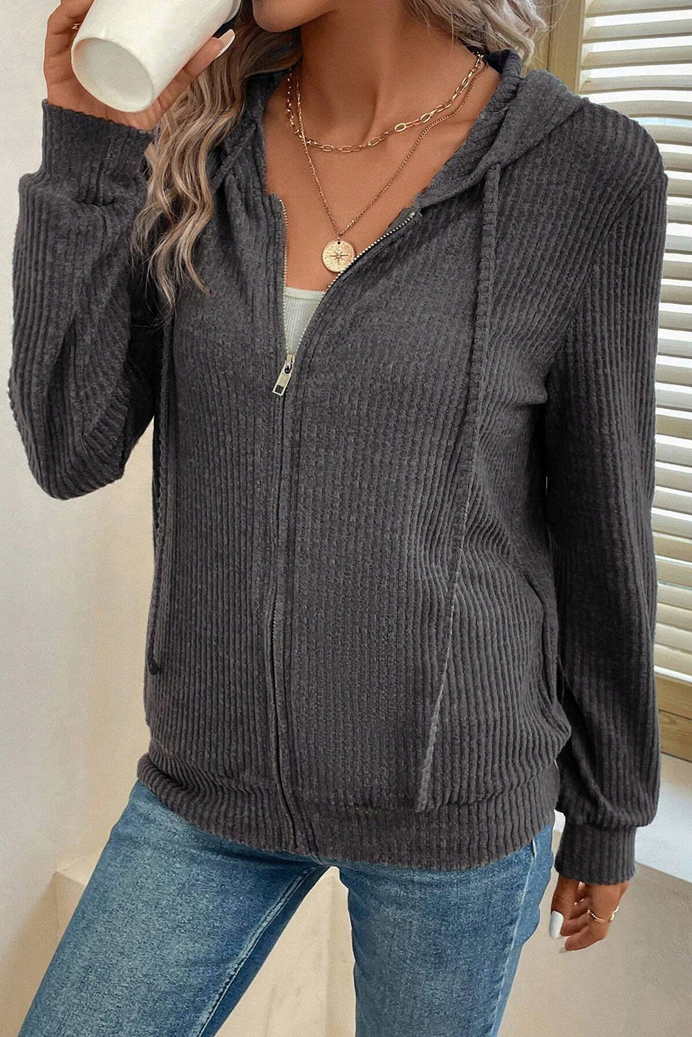 Dark Grey Ribbed Zip Up Front Drawstring Hoodie Sweatshirts & Hoodies JT's Designer Fashion