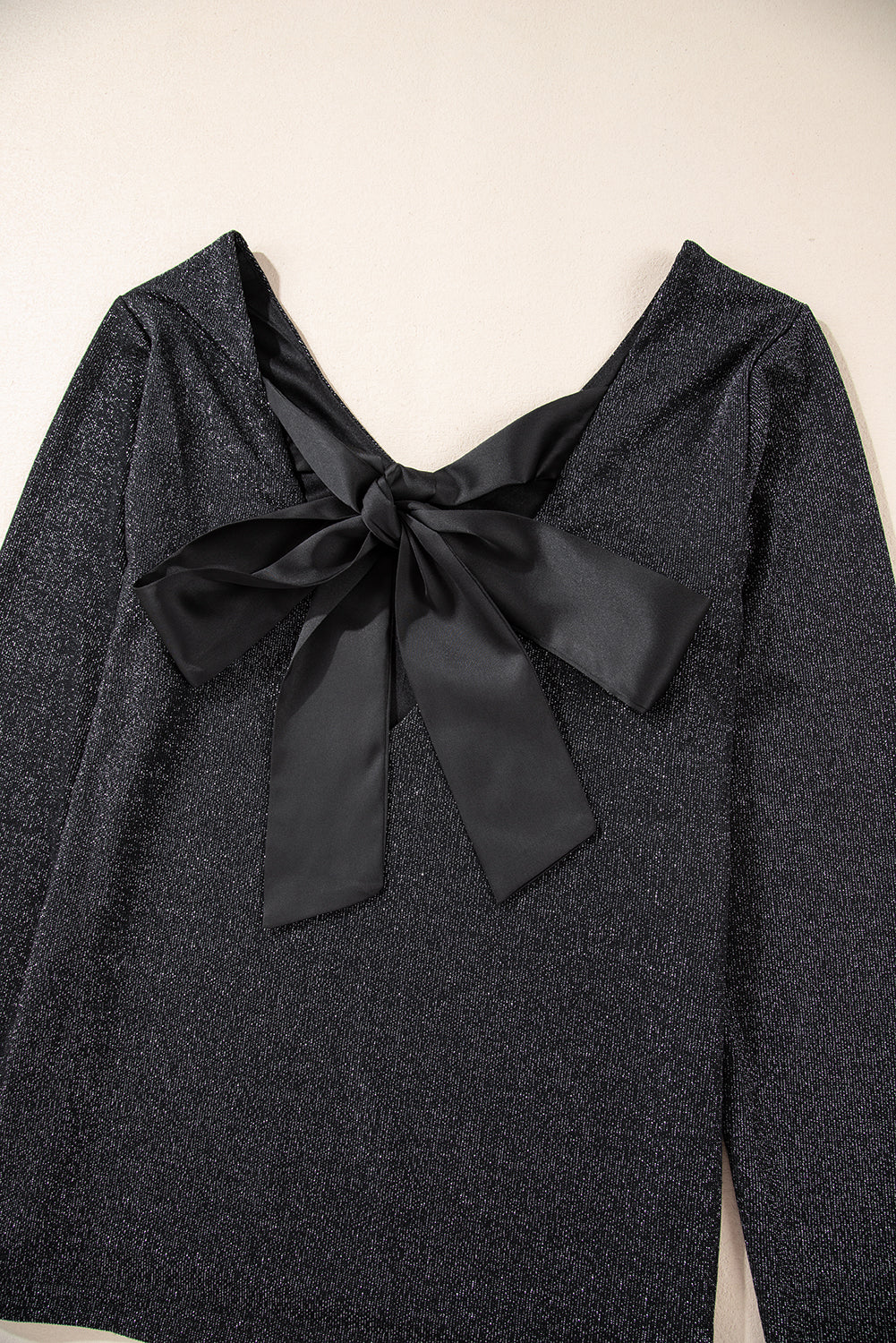 Black Metallic Bowknot Open Back V Neck Top Long Sleeve Tops JT's Designer Fashion