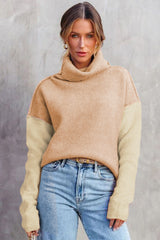 Pale Chestnut Color Block Turtle Neck Drop Shoulder Knit Sweater Sweaters JT's Designer Fashion