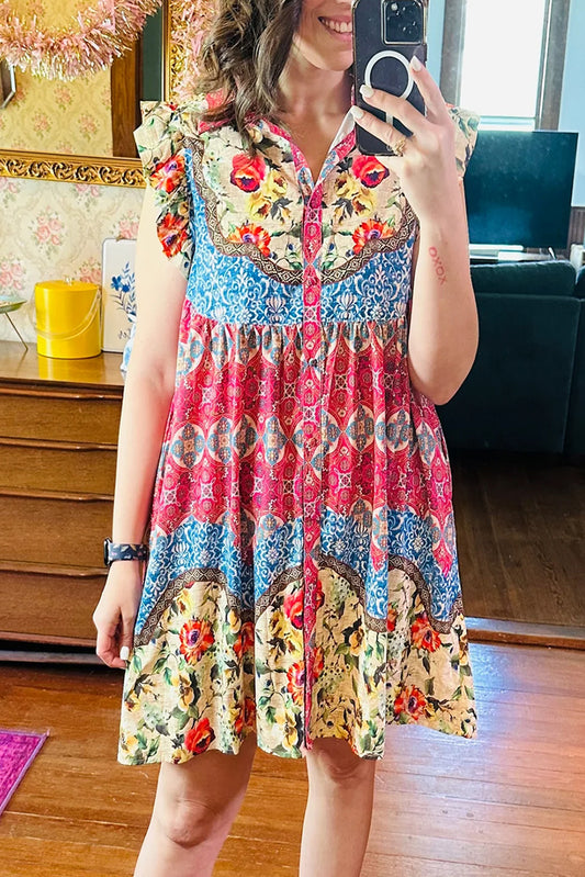 Rose Floral Mixed Pattern Ruffle Flutter Sleeve Buttoned Dress Floral Dresses JT's Designer Fashion