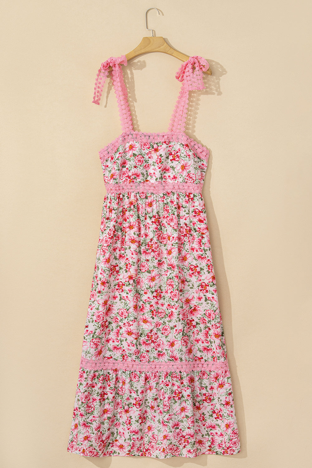 Pink Floral Lace Tied Strap Empire Waist Maxi Dress Floral Dresses JT's Designer Fashion