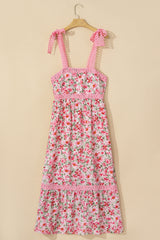 Pink Floral Lace Tied Strap Empire Waist Maxi Dress Floral Dresses JT's Designer Fashion