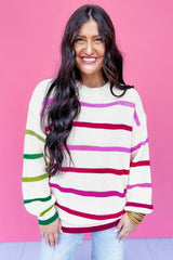 White Colorful Striped Drop Shoulder Crew Neck Sweater Sweaters JT's Designer Fashion