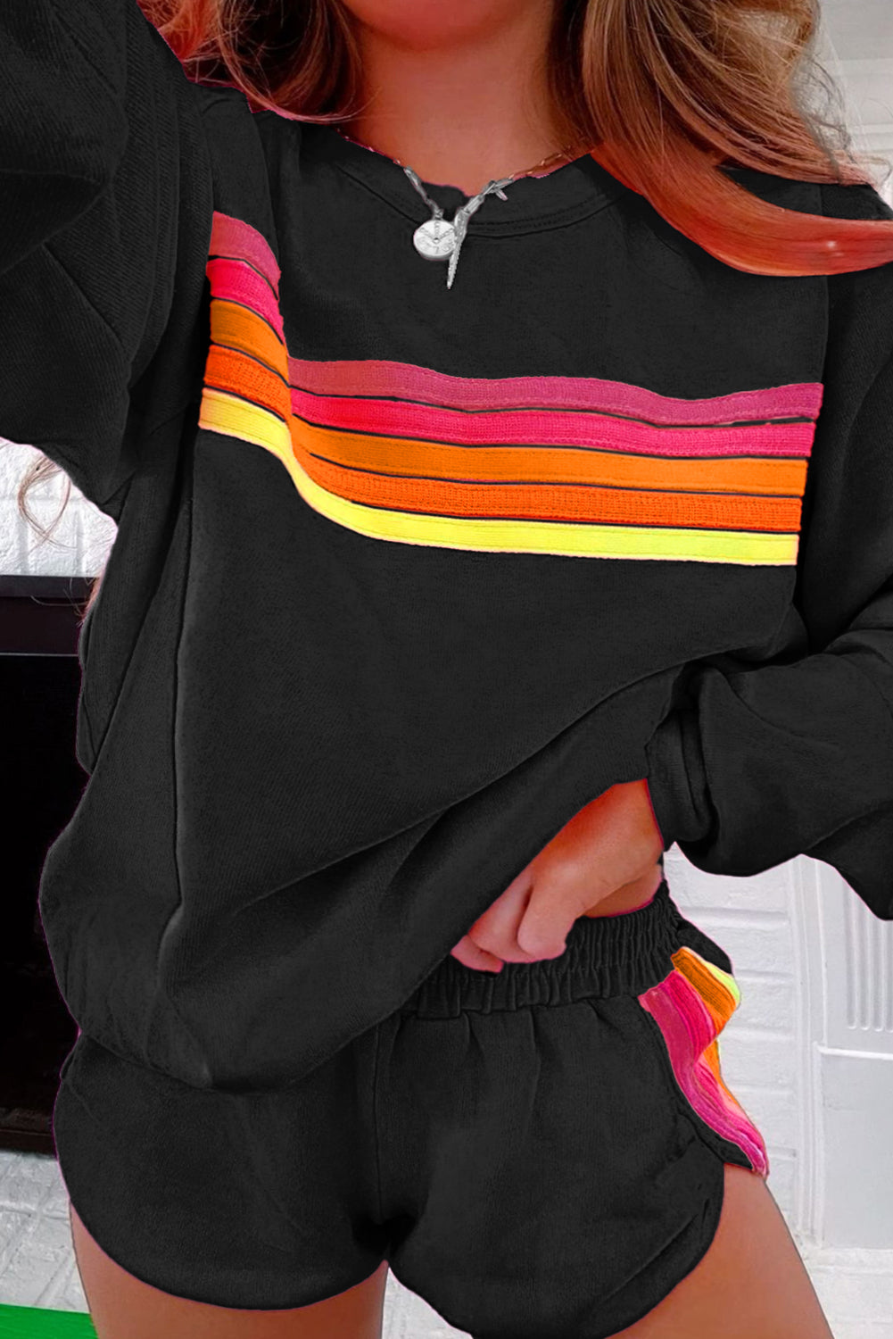 Black Striped Accent Pullover and Shorts Two Piece Casual Set Short Sets JT's Designer Fashion