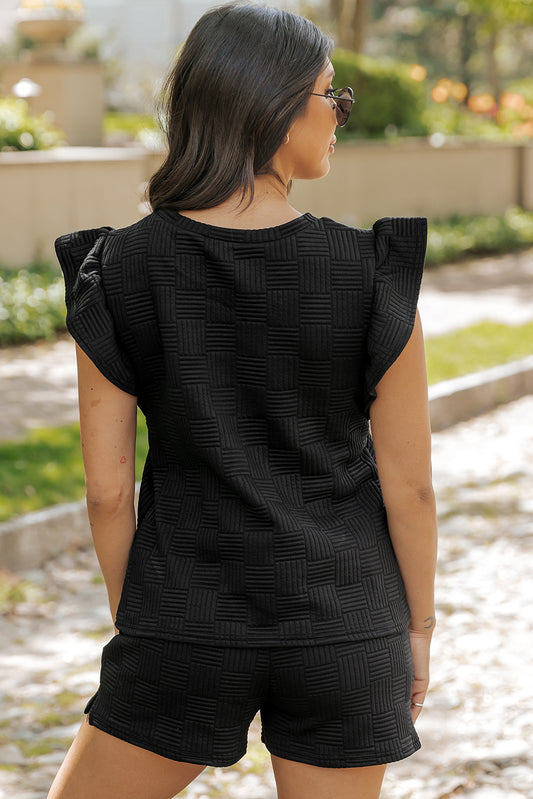 Black Textured Ruffled Sleeve Tee and Drawstring Elastic Waistband Shorts Set Short Sets JT's Designer Fashion