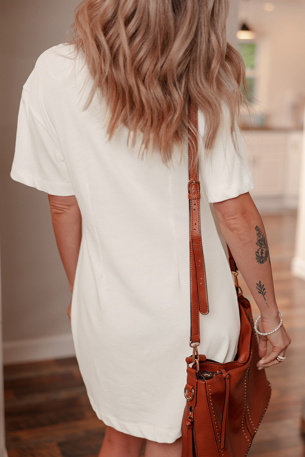 White Drop Shoulder Crew Neck Shift T Shirt Dress T Shirt Dresses JT's Designer Fashion