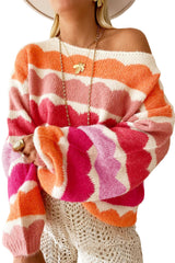 Rose Red Wave Striped Balloon Sleeve Drop Shoulder Sweater Sweaters JT's Designer Fashion
