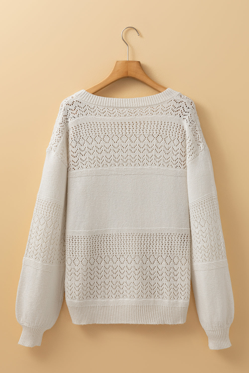White Eyelet Pattern Detail V Neck Drop Shoulder Sweater Sweaters JT's Designer Fashion