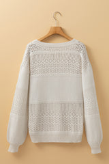 White Eyelet Pattern Detail V Neck Drop Shoulder Sweater Sweaters JT's Designer Fashion