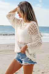 White Hollow Out Knit Bracelet Sleeve Drop Shoulder Sweater Sweaters JT's Designer Fashion