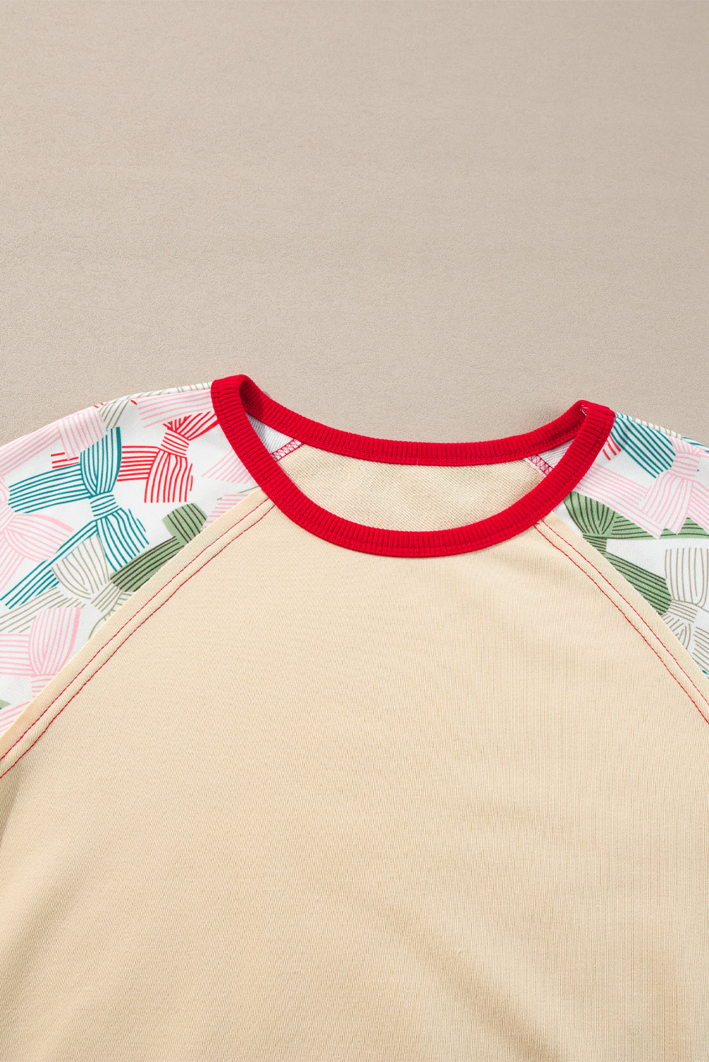 Beige Bowknot Printed Patchwork Raglan Sleeve Colorblock Edge Top Long Sleeve Tops JT's Designer Fashion