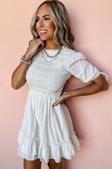 White Tie Short Sleeves Smocked Ruffle Mini Dress Dresses JT's Designer Fashion