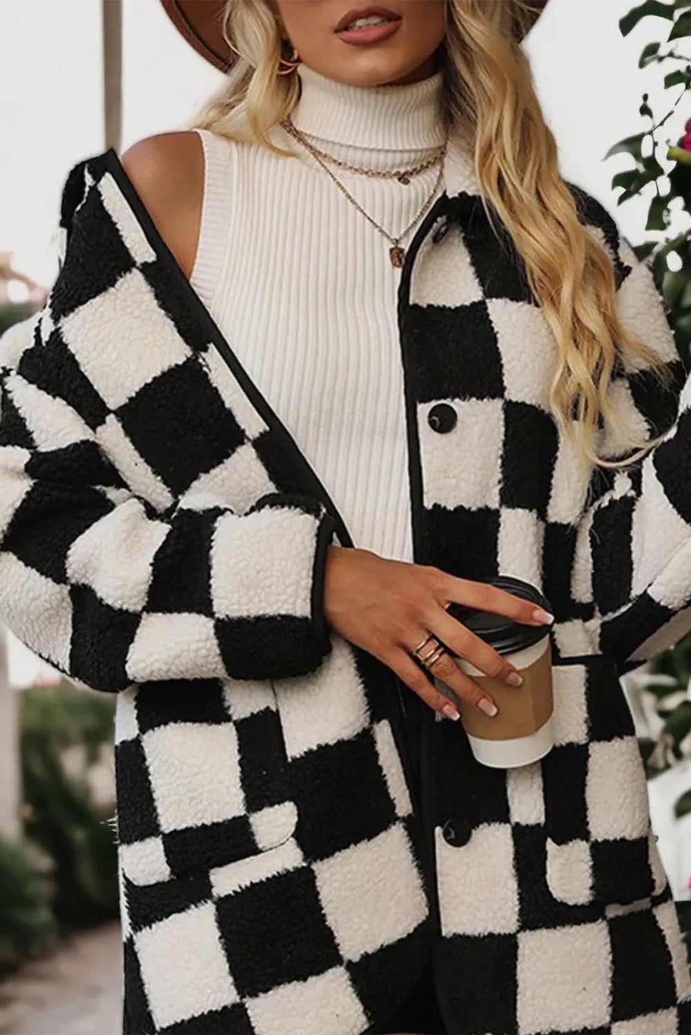 Black Checkered Side Pockets Collared Buttoned Fleece Jacket Jackets JT's Designer Fashion